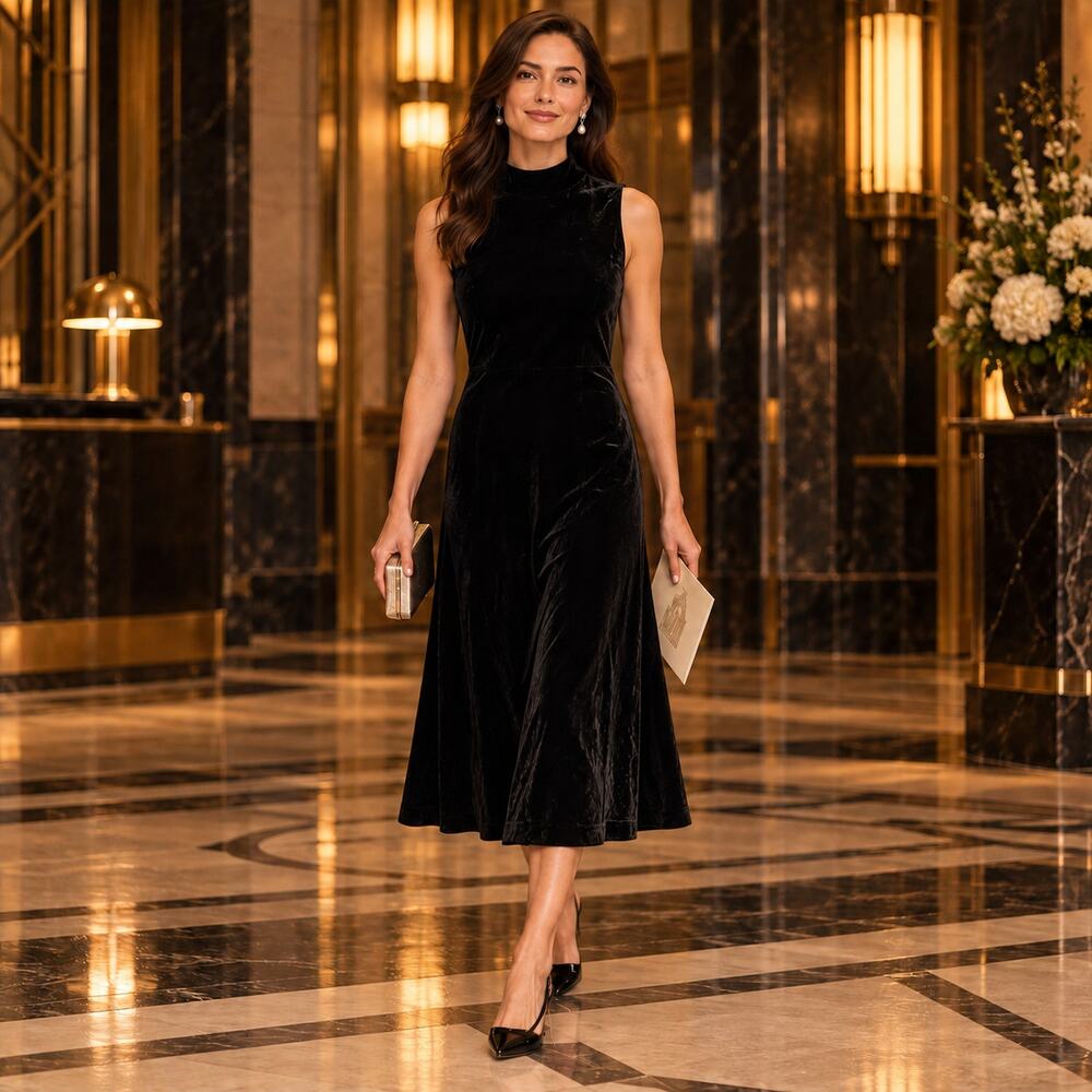 Lauren Ralph Lauren Midi Dress WMNS 12 Black Silk Velvet Mock Neck 90s Glam